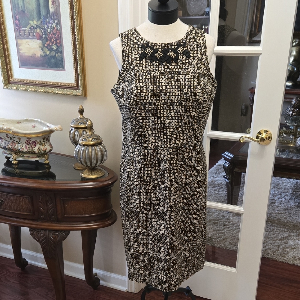 Evan Picone Black Cream Geometric Midi Dress Ribbon Stretch Sleeveless sz 14 EUC